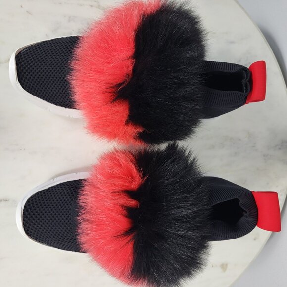 NWB~$345~JOSHUA*S~38/8~ITALY RED BLACK FOX FUR EXTRA LIGHT SNEAKERS SHOES BOOTS - Picture 10 of 16